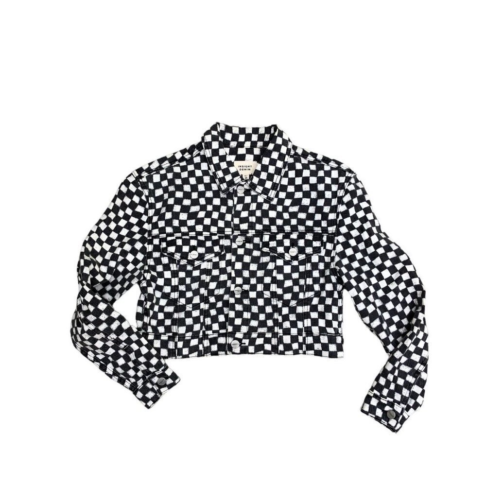 INSIGHT DENIM Cropped Jean Jacket Women's XS Checkered Black 100% Cotton Top‌‌